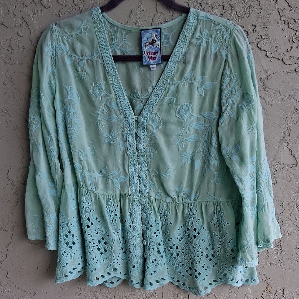 Johnny Was Green Peplum Blouse with Buttoned Details